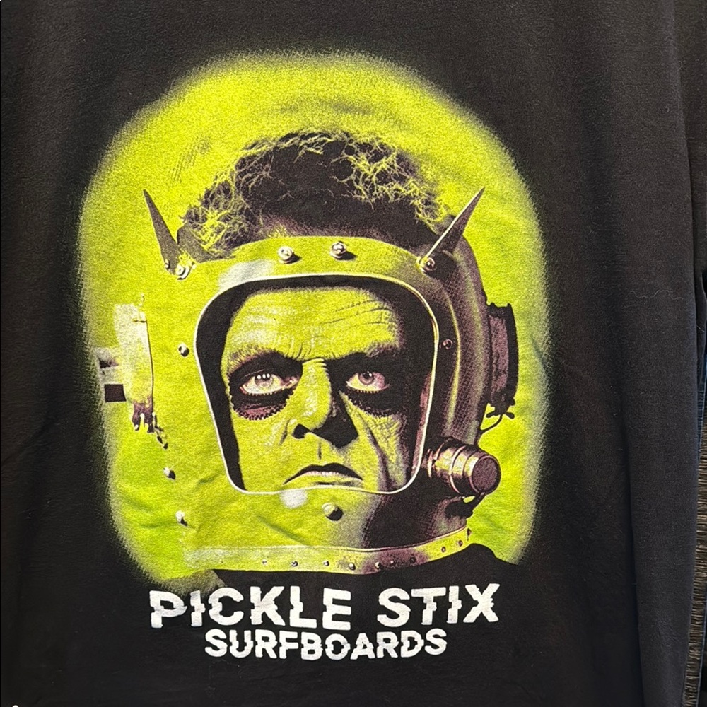 Pickle Stix Surfboards Graphic Tee with Neon Frankenstein Design Large